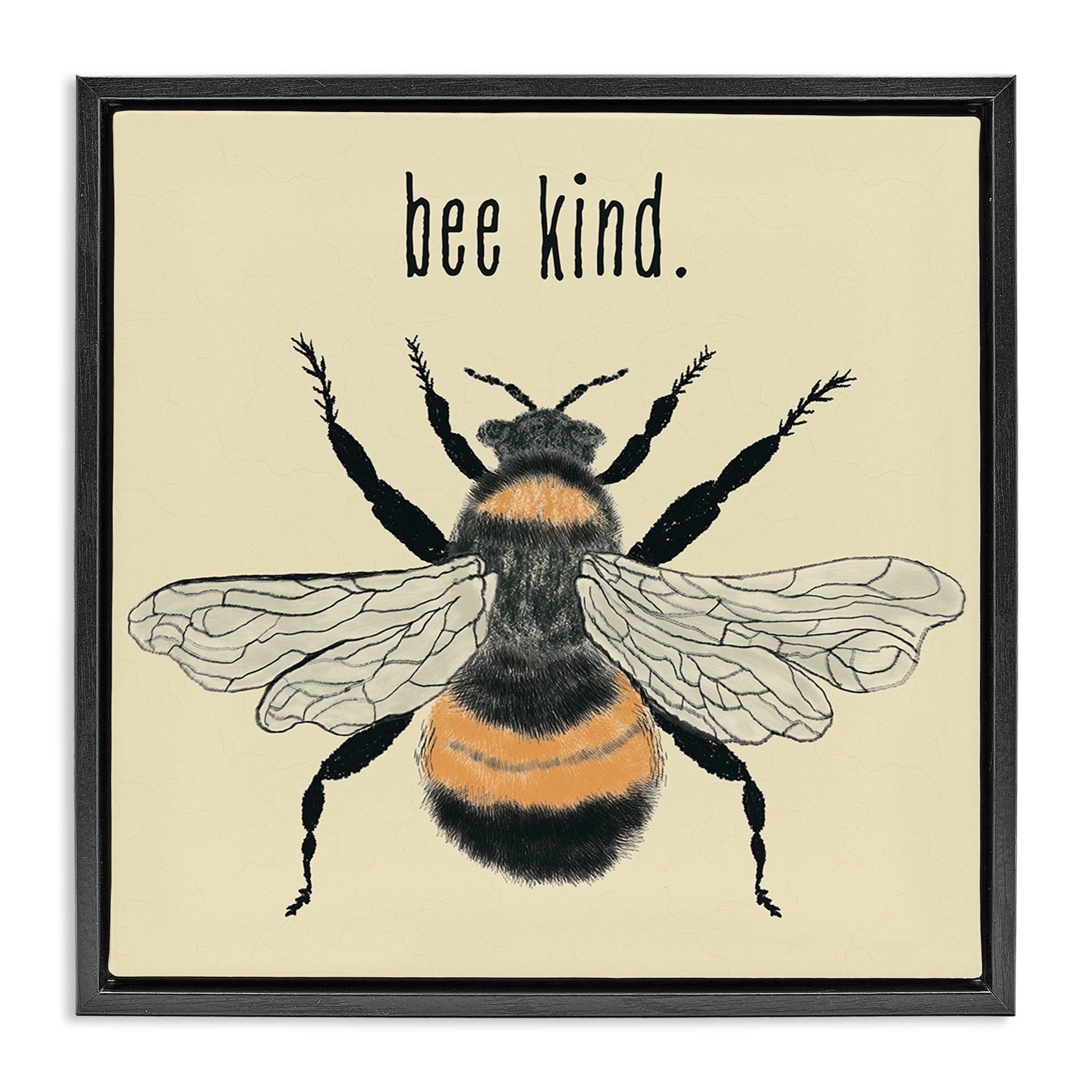 Stupell Industries Bee Kind Detailed Bumble Insects Painting Black Floater Framed Canvas Art Print Wall Art, 18 x 18