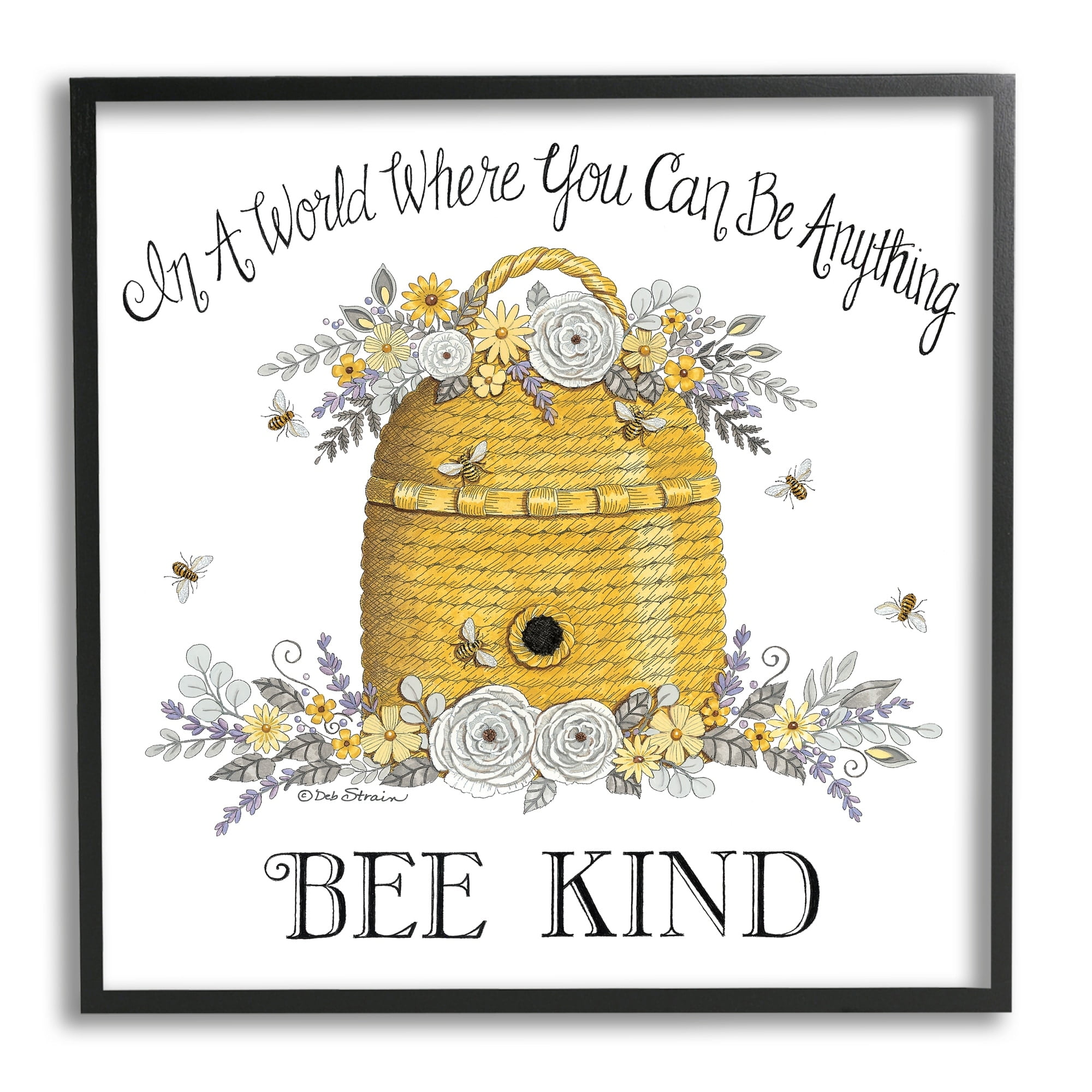 Bee Kind Floral Hive Quote Print on Canvas with Black Frame