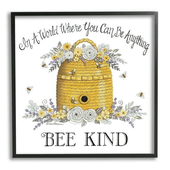 Stupell Industries Bee Kind Encouraging Phrase Floral Decorated Hive Graphic Art Black Framed Art Print Wall Art, Design by Deb Strain