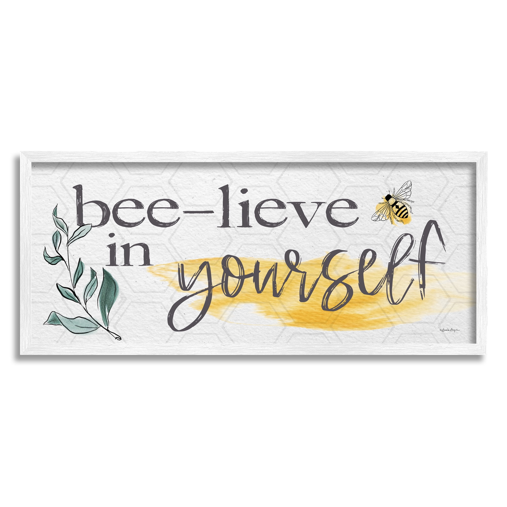 Stupell Industries Bee-Lieve in Yourself Phase Botanical & Floral Painting White Framed Art Print Wall Art, 30 x 13
