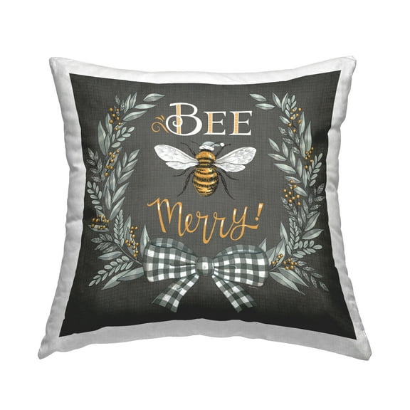 Stupell Industries Bee Merry with Garland Decorative Printed Throw Pillow Design by Deb Strain.