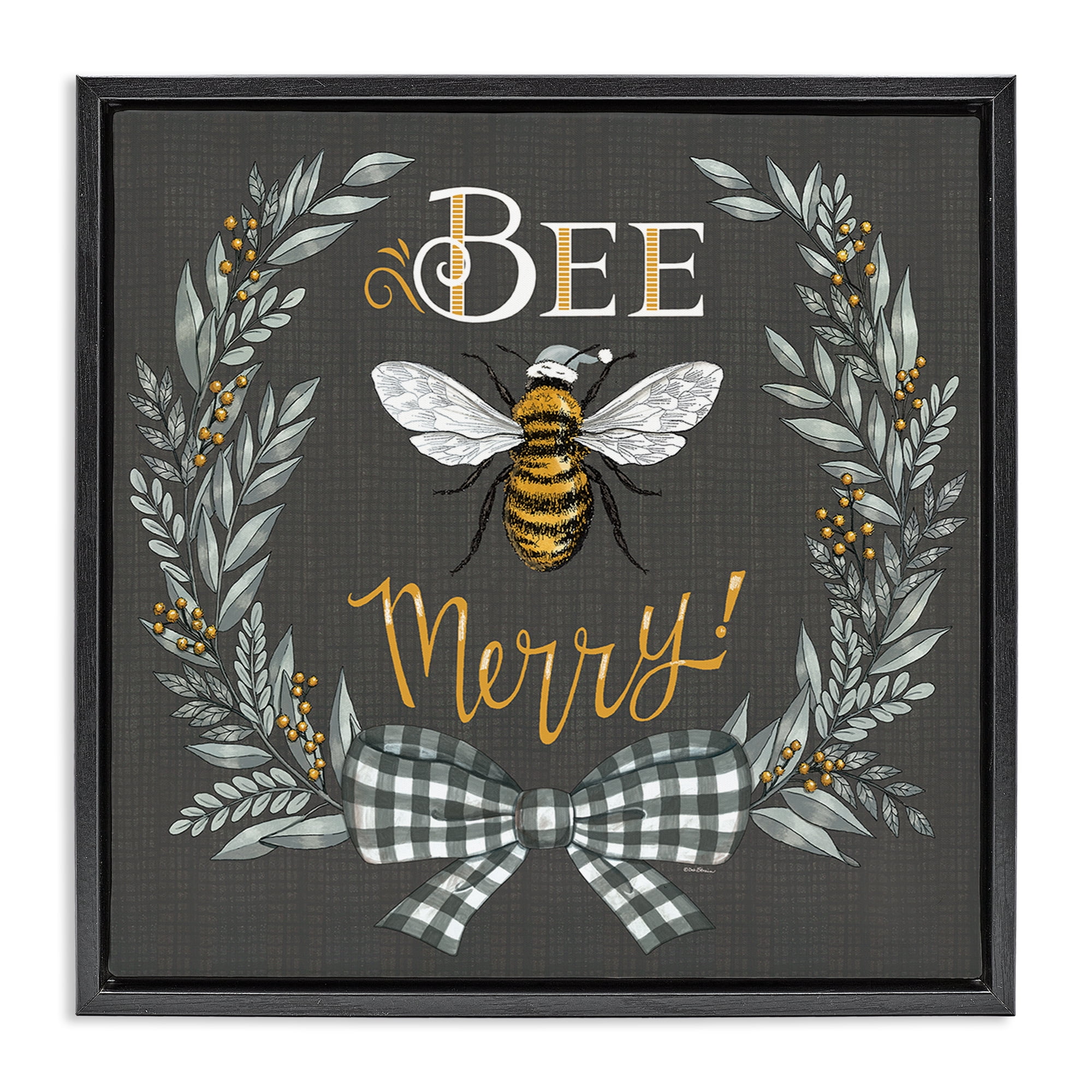 Stupell Industries Bee Merry with Garland Plants & Flowers Painting Black Floater Framed Canvas Art Print Wall Art, 18 x 18