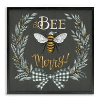 Stupell Industries Bee Merry with Garland Plants & Flowers Painting Black Framed Art Print Wall Art, 12 x 12