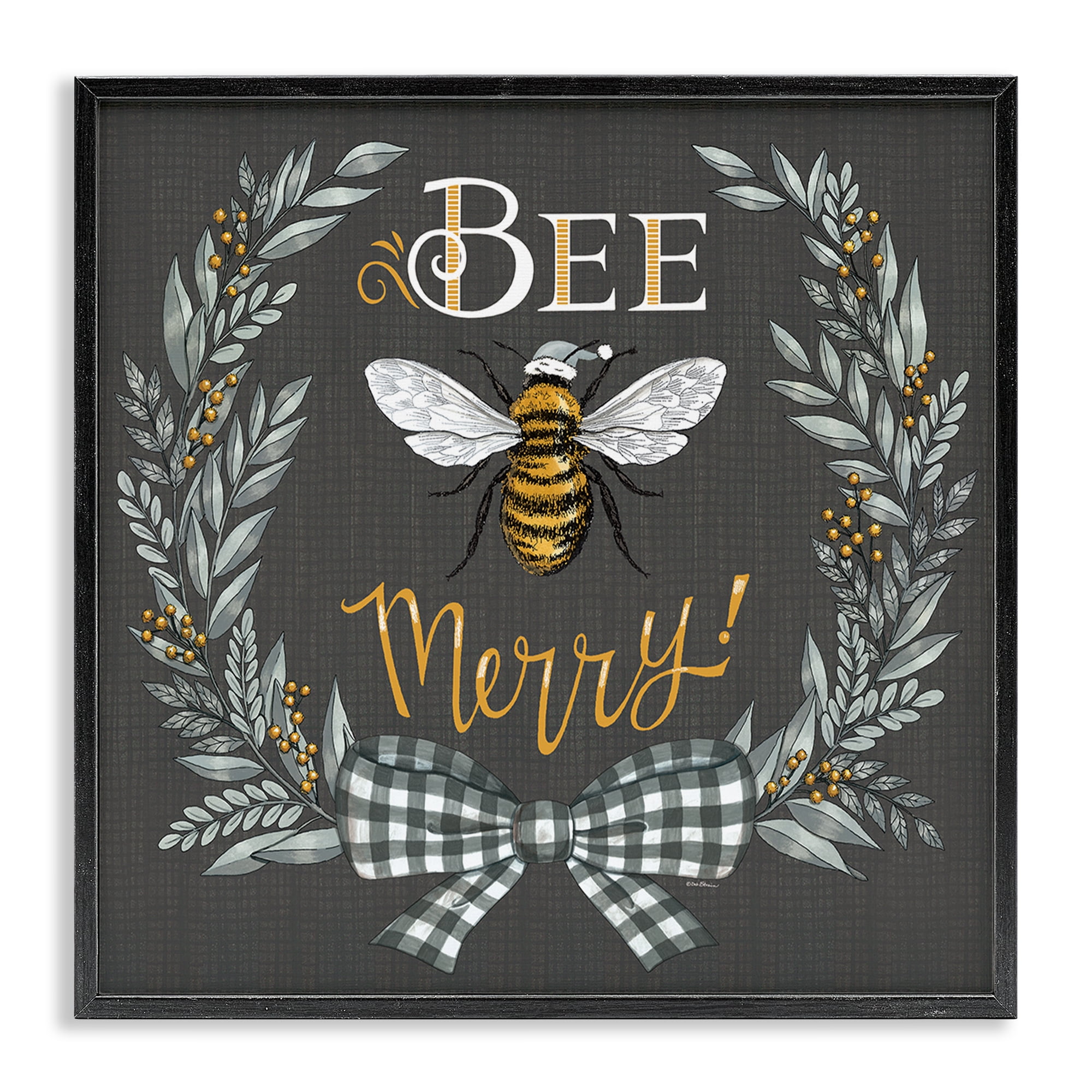 Stupell Industries Bee Merry with Garland Plants & Flowers Painting Black Framed Art Print Wall Art, 17 x 17
