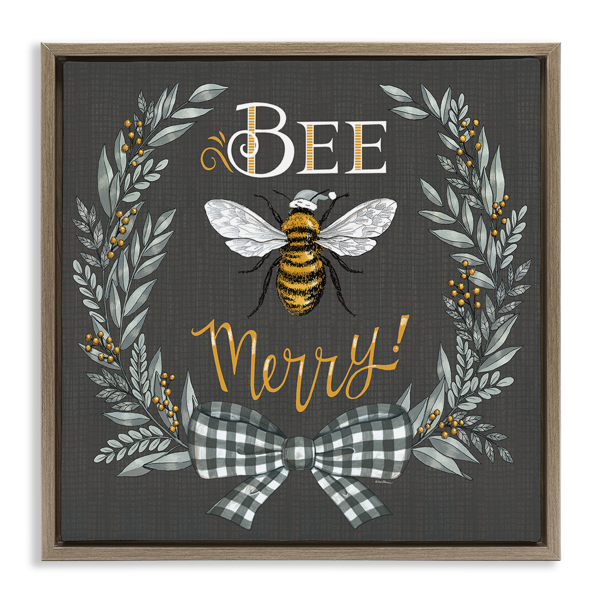 Stupell Industries Bee Merry with Garland Plants & Flowers Painting Brown Floater Framed Canvas Art Print Wall Art, 25 x 25