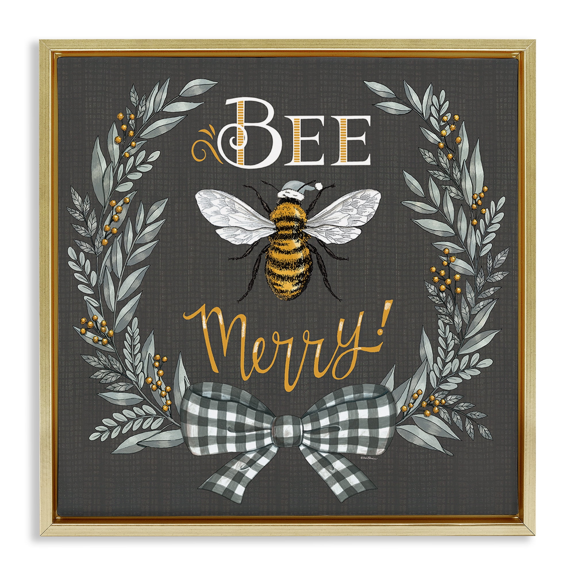 Stupell Industries Bee Merry with Garland Plants & Flowers Painting Gold Floater Framed Canvas Art Print Wall Art, 18 x 18