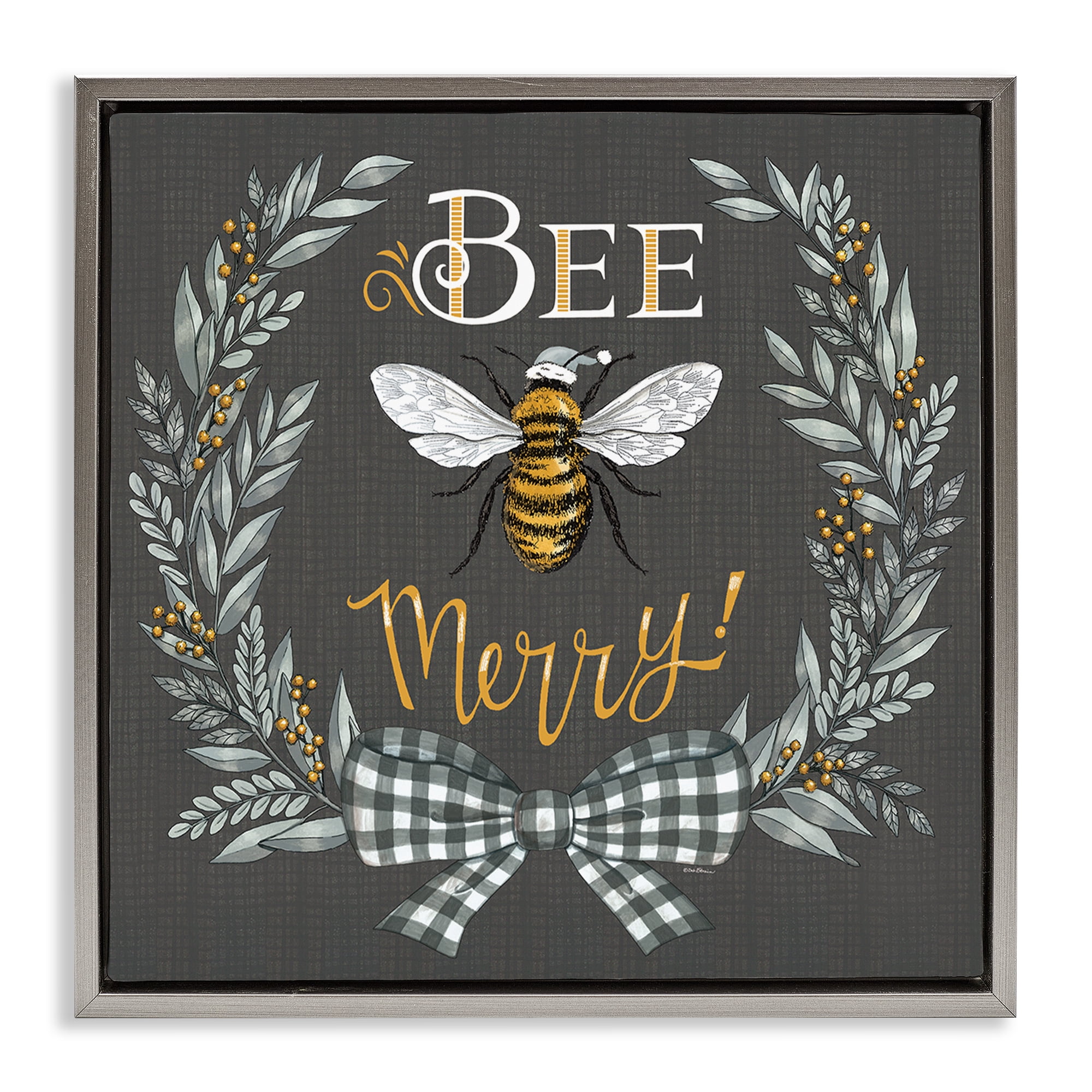 Stupell Industries Bee Merry with Garland Plants & Flowers Painting Gray Floater Framed Canvas Art Print Wall Art, 18 x 18