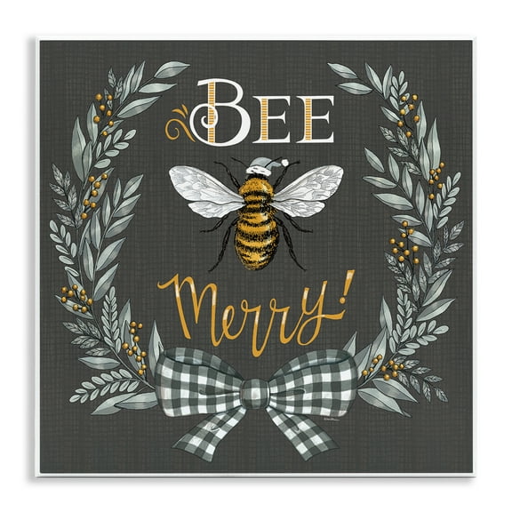 Stupell Industries Bee Merry with Garland Plants & Flowers Painting Unframed Art Print Wall Art, 12 x 12