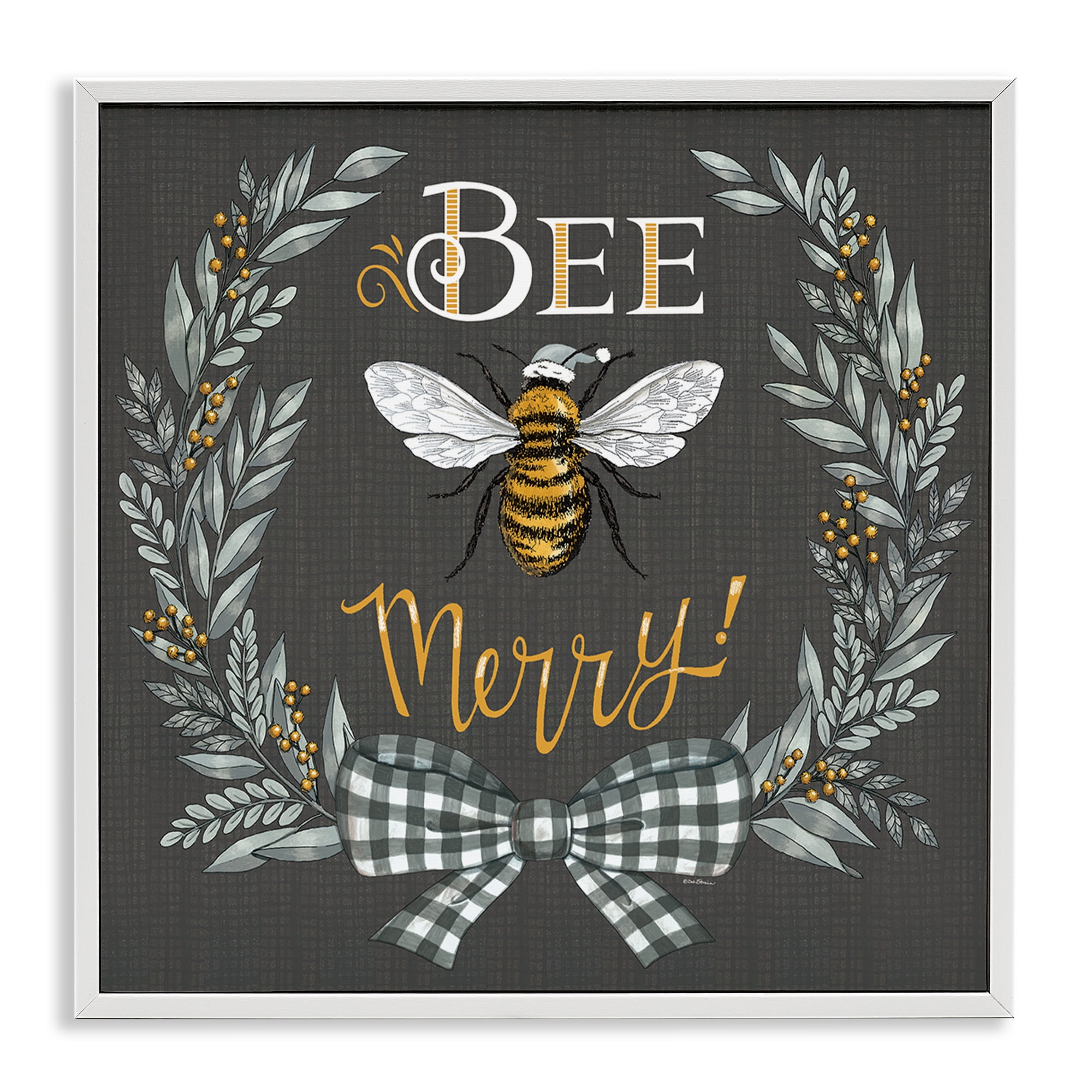 Stupell Industries Bee Merry with Garland Plants & Flowers Painting White Framed Art Print Wall Art, 24 x 24
