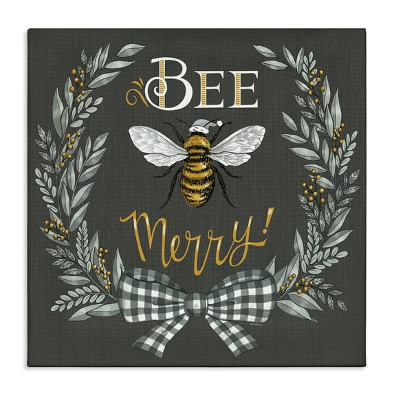 Stupell Industries Bee Merry with Garland Plants & Flowers Painting Wrapped Canvas Art Print Wall Art, 17 x 17
