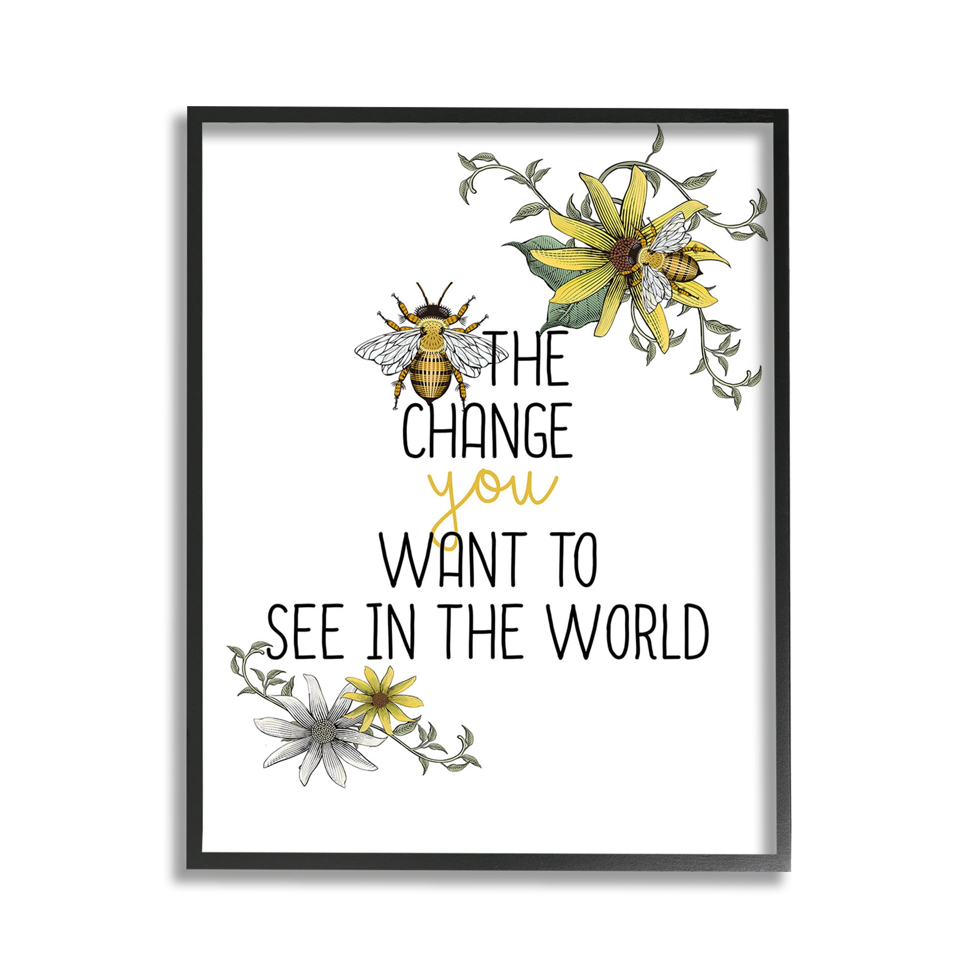 Stupell Industries Bee The Change Botanical & Floral Painting Black Framed Art Print Wall Art, 11 x 14