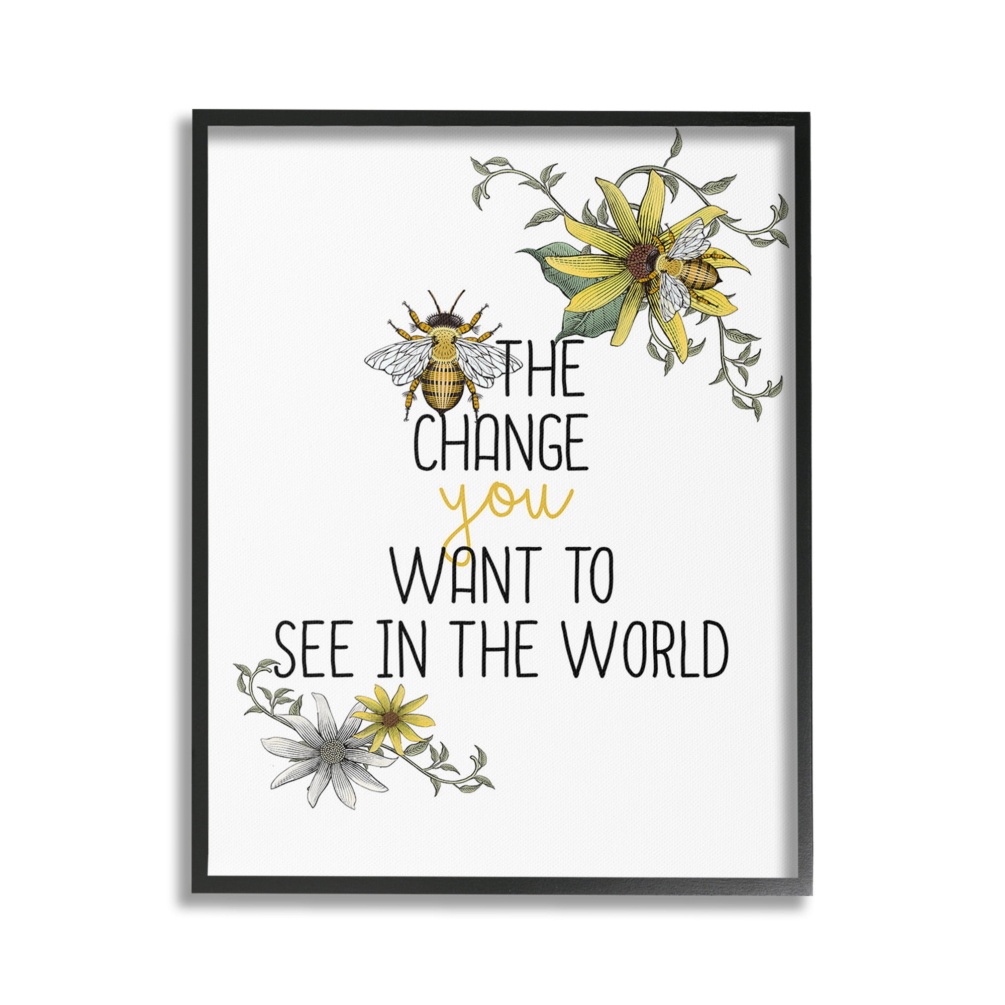 Stupell Industries Bee The Change Botanical & Floral Painting Black Framed Art Print Wall Art, 24 x 30