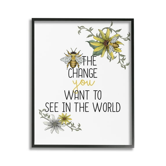 Stupell Industries Bee The Change Botanical & Floral Painting Black Framed Art Print Wall Art, 24 x 30