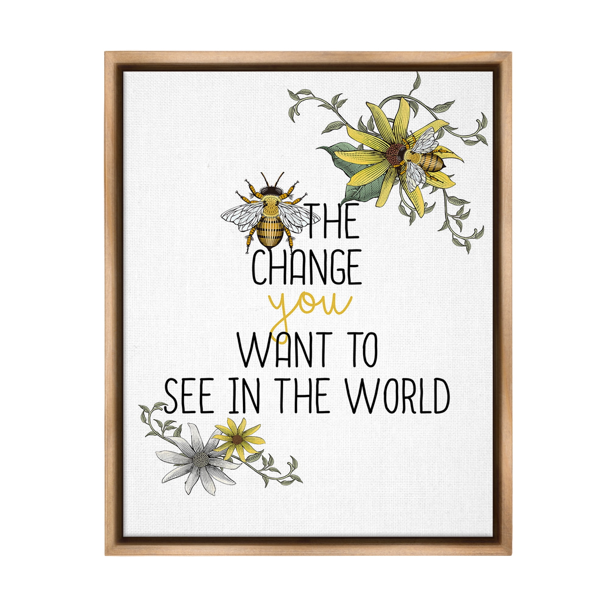 Stupell Industries Bee The Change Botanical & Floral Painting Brown Floater Framed Canvas Art Print Wall Art, 25 x 31