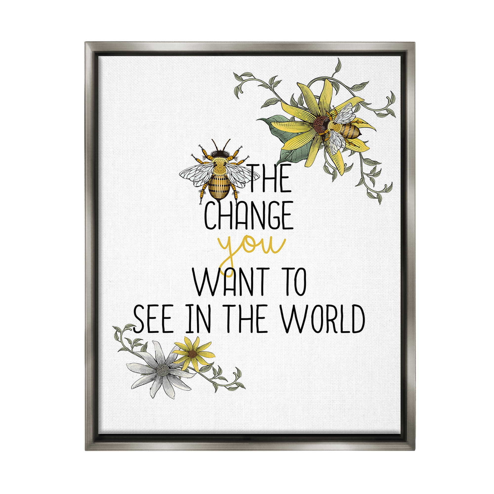 Stupell Industries Bee The Change Botanical & Floral Painting Gray Floater Framed Canvas Art Print Wall Art, 25 x 31