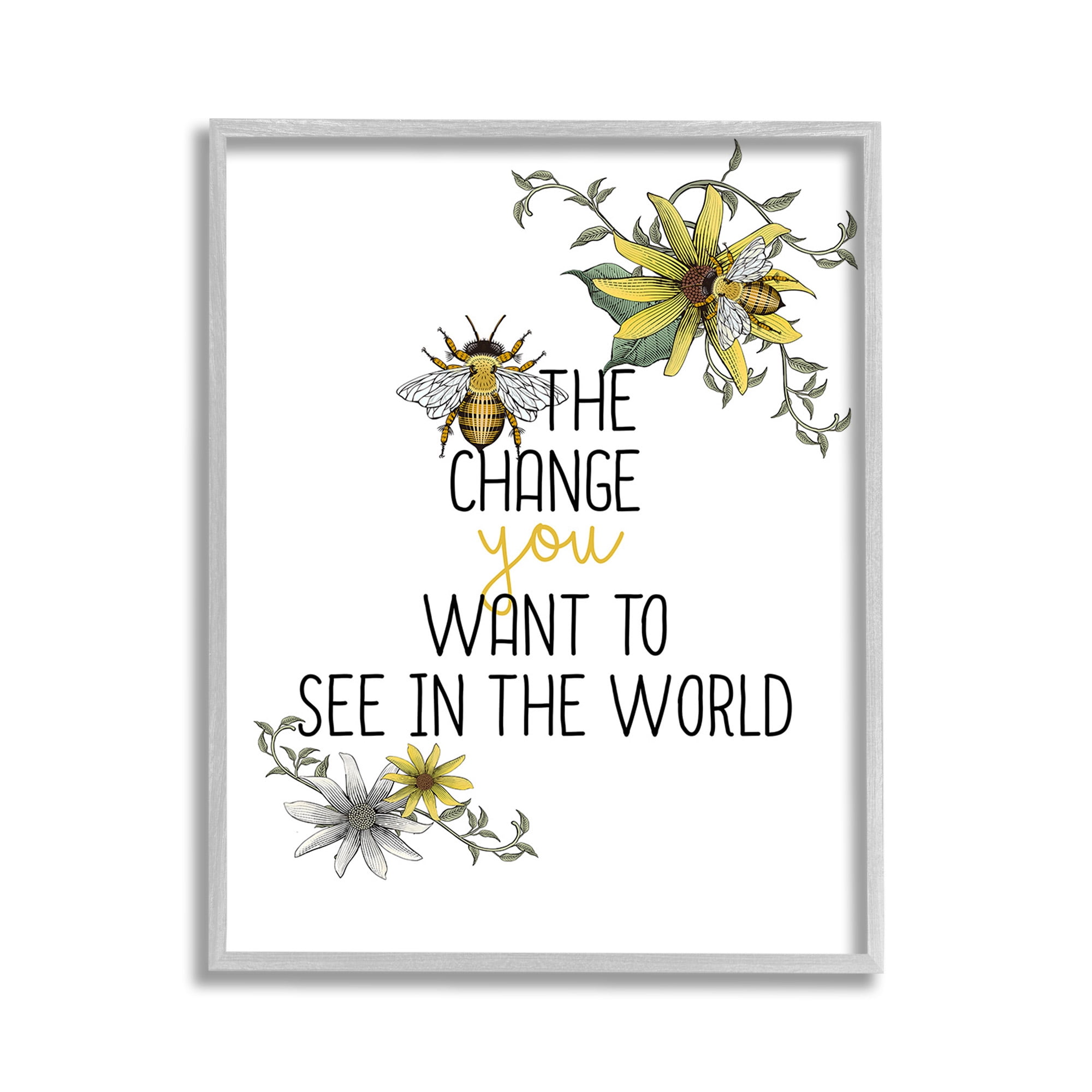 Stupell Industries Bee The Change Botanical & Floral Painting Gray Framed Art Print Wall Art, 11 x 14