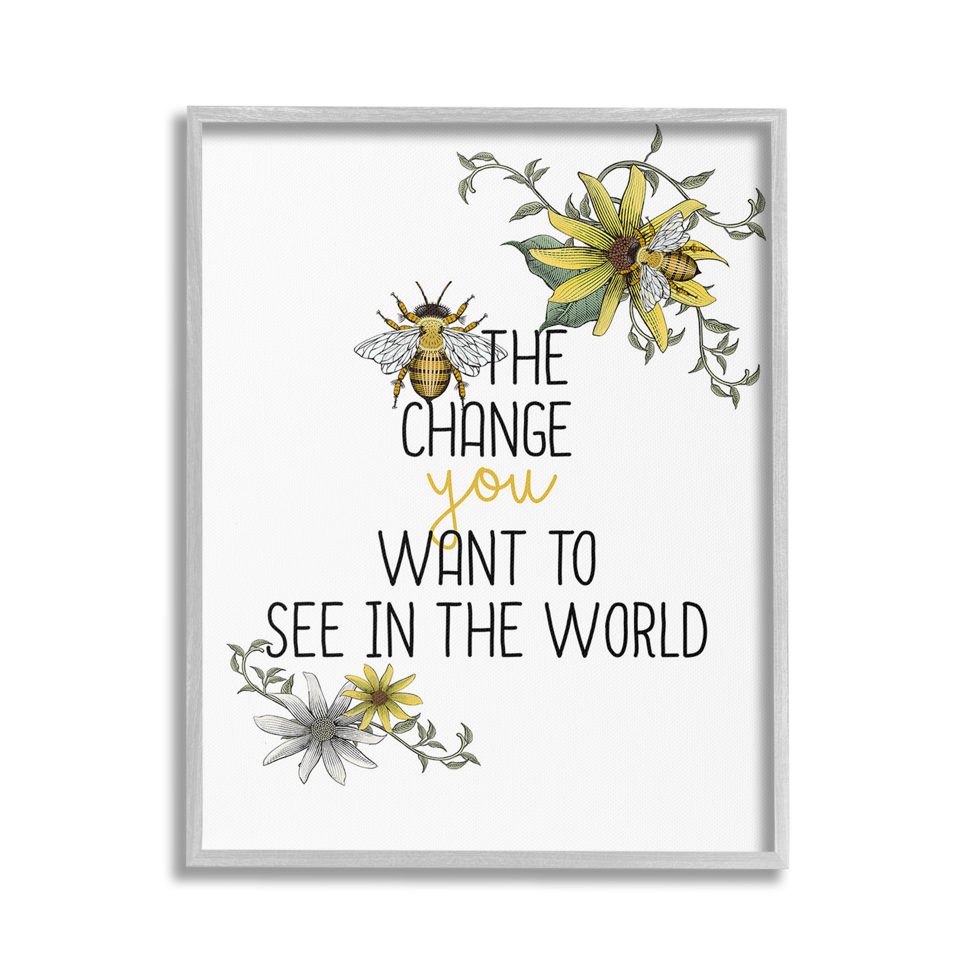 Stupell Industries Bee The Change Botanical & Floral Painting Gray Framed Art Print Wall Art, 24 x 30