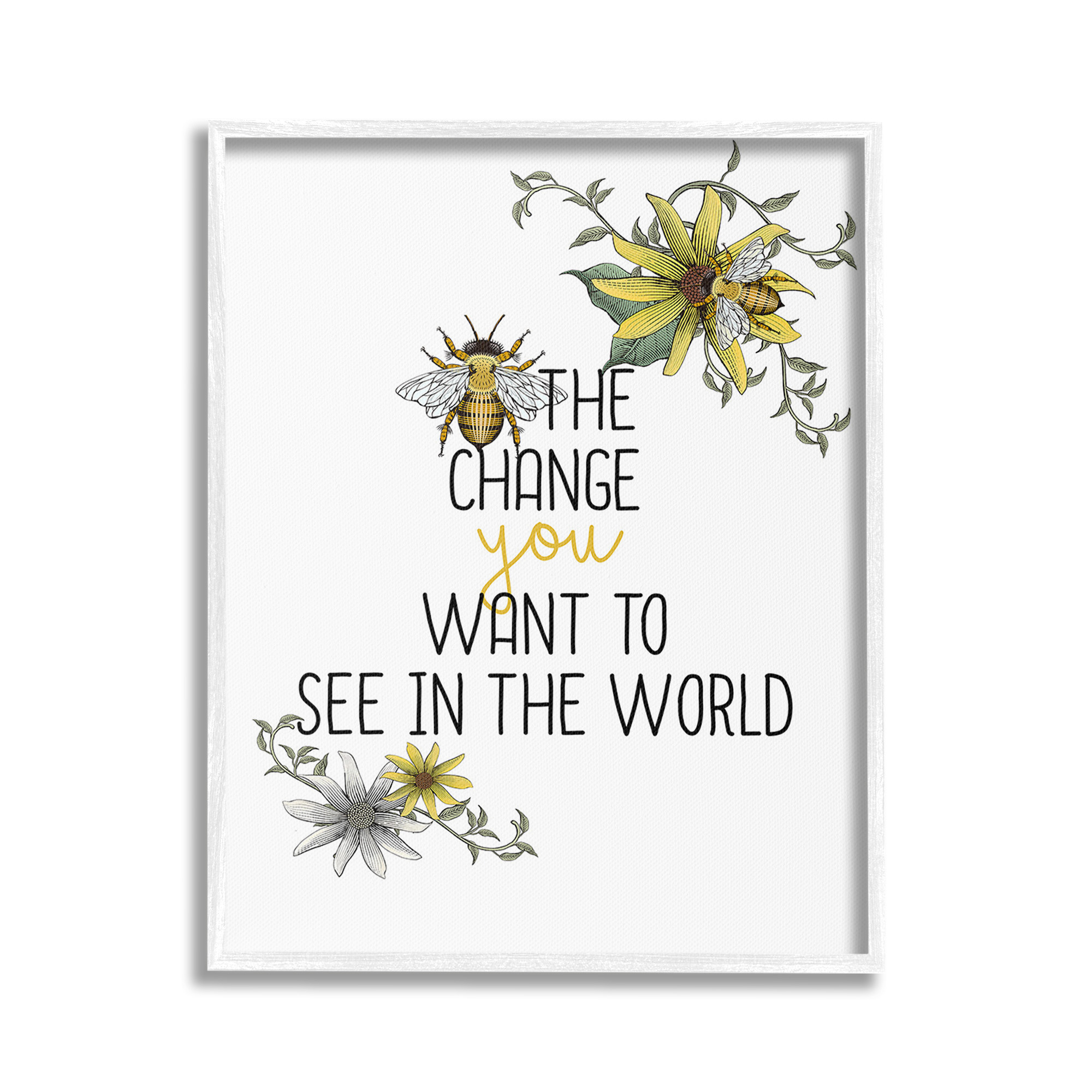 Stupell Industries Bee The Change Botanical & Floral Painting White Framed Art Print Wall Art, 24 x 30