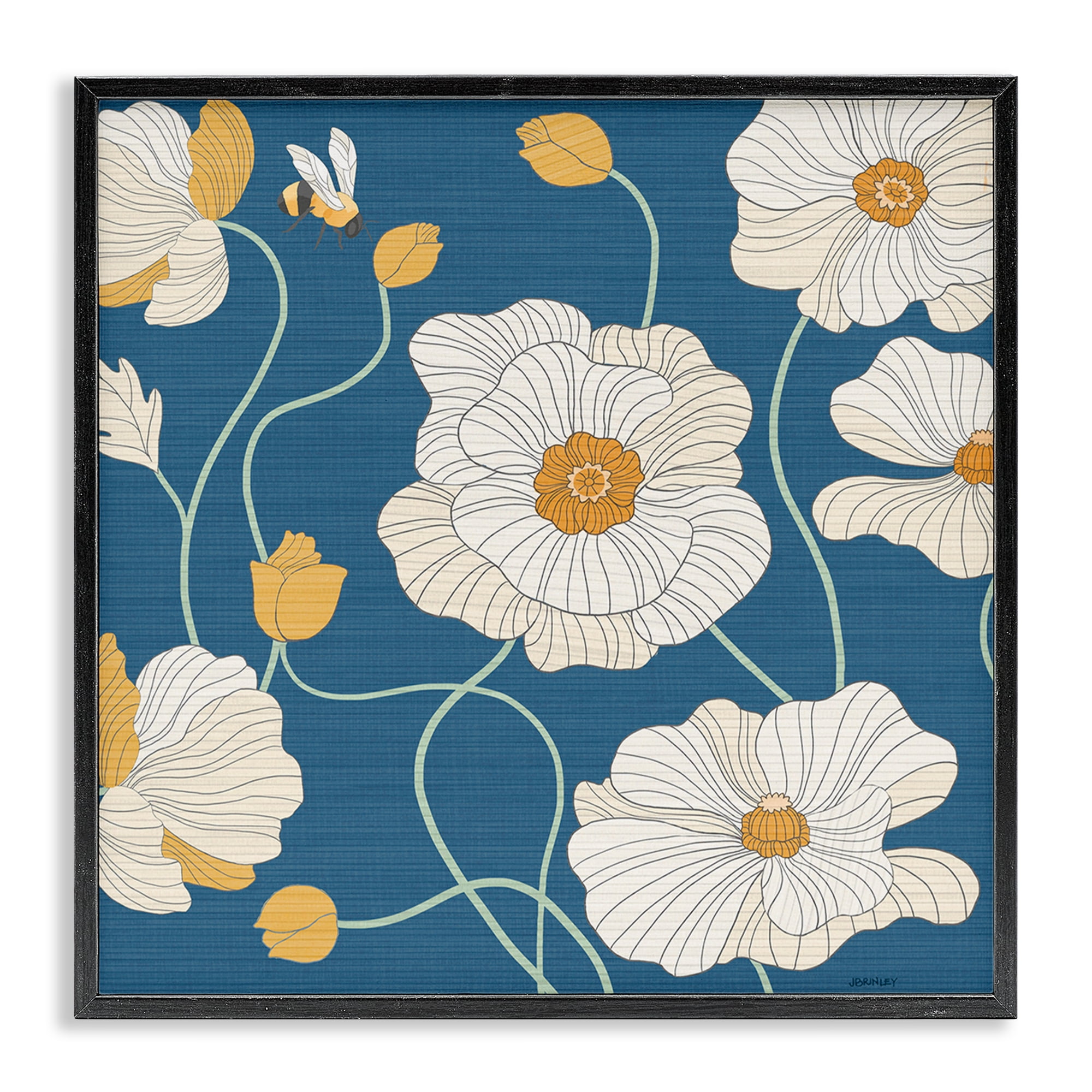 Stupell Industries Bee & White Poppies Plants & Flowers Painting Black Framed Art Print Wall Art, 17 x 17