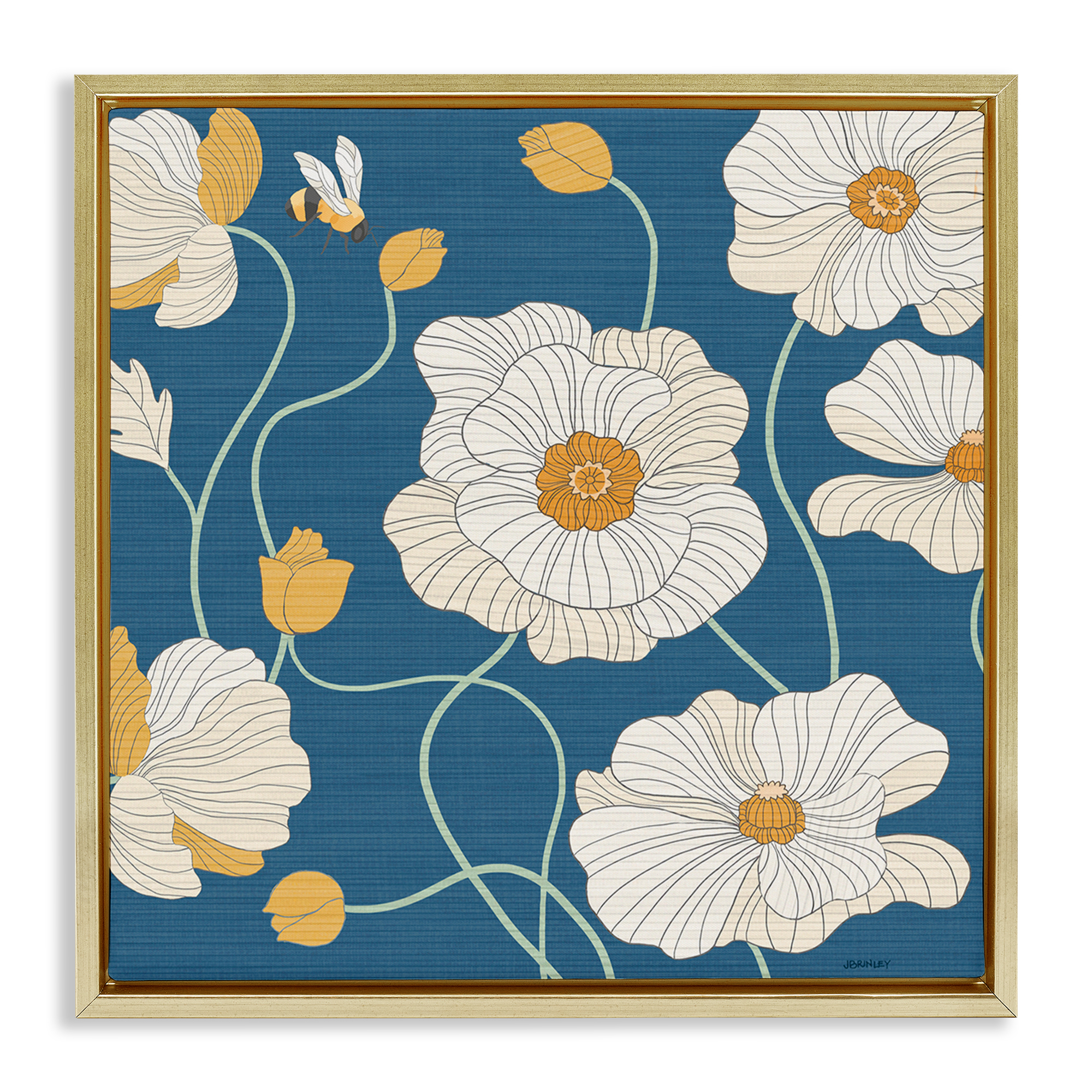 Stupell Industries Bee & White Poppies Plants & Flowers Painting Gold Floater Framed Canvas Art Print Wall Art, 25 x 25