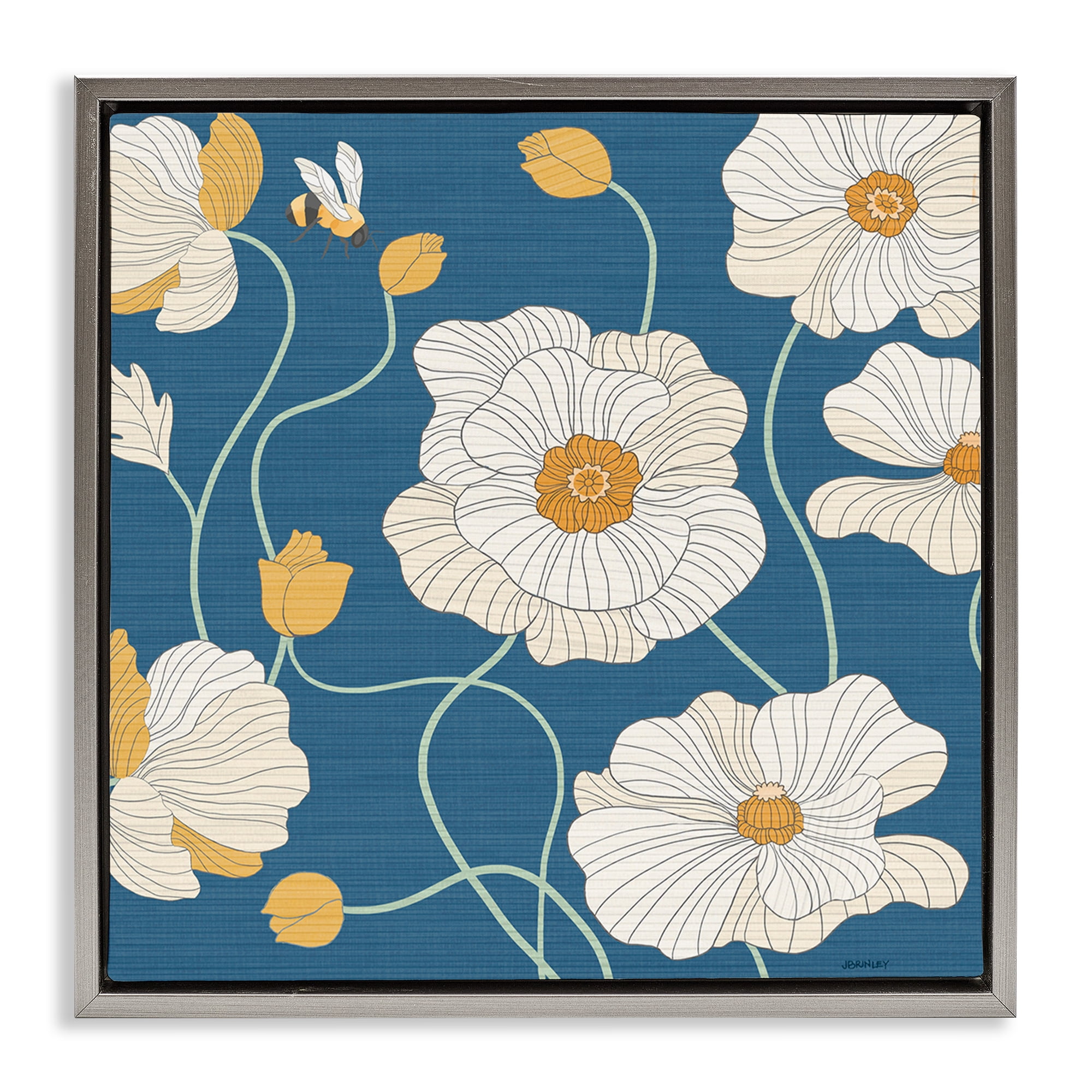 Stupell Industries Bee & White Poppies Plants & Flowers Painting Gray Floater Framed Canvas Art Print Wall Art, 18 x 18