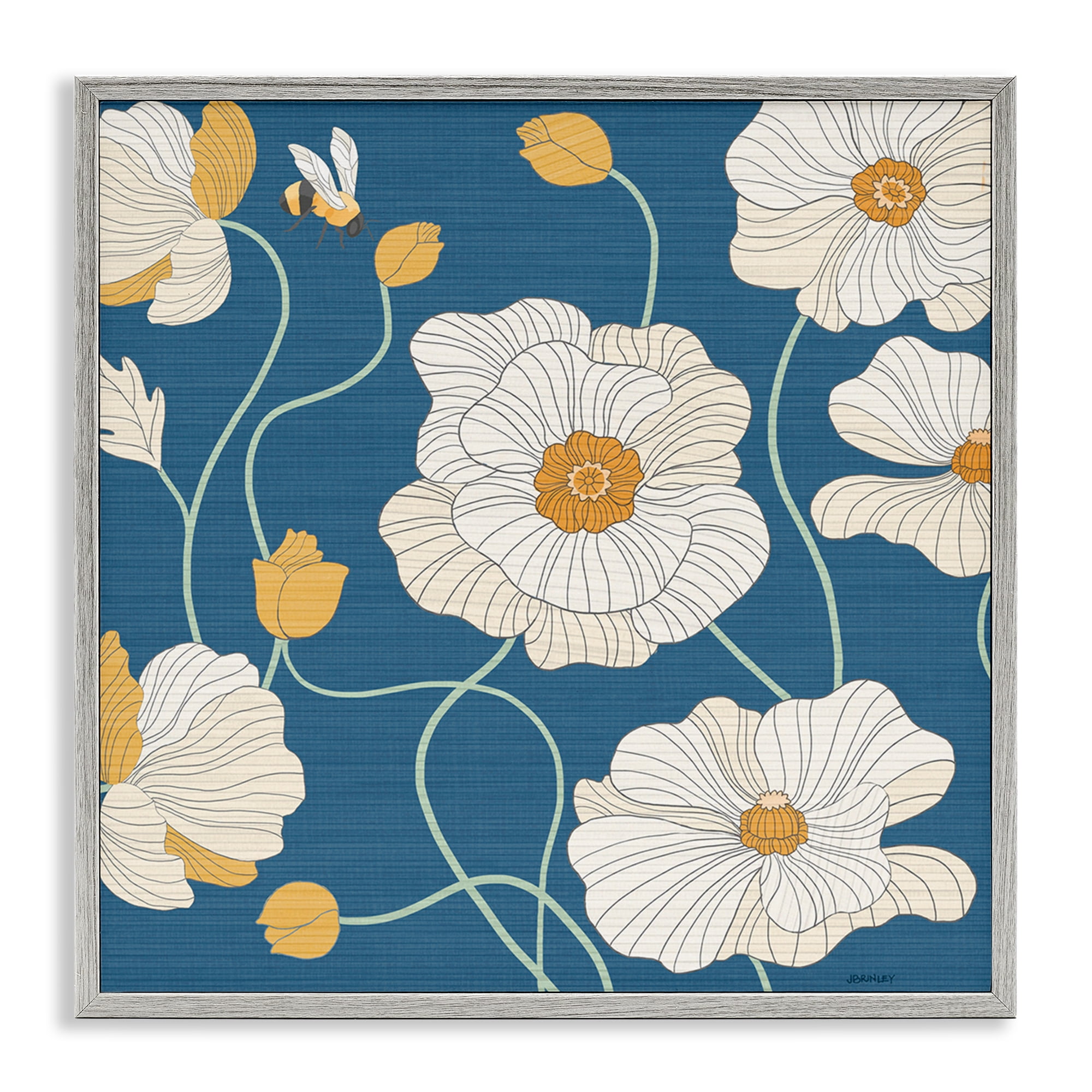Stupell Industries Bee & White Poppies Plants & Flowers Painting Gray Framed Art Print Wall Art, 24 x 24
