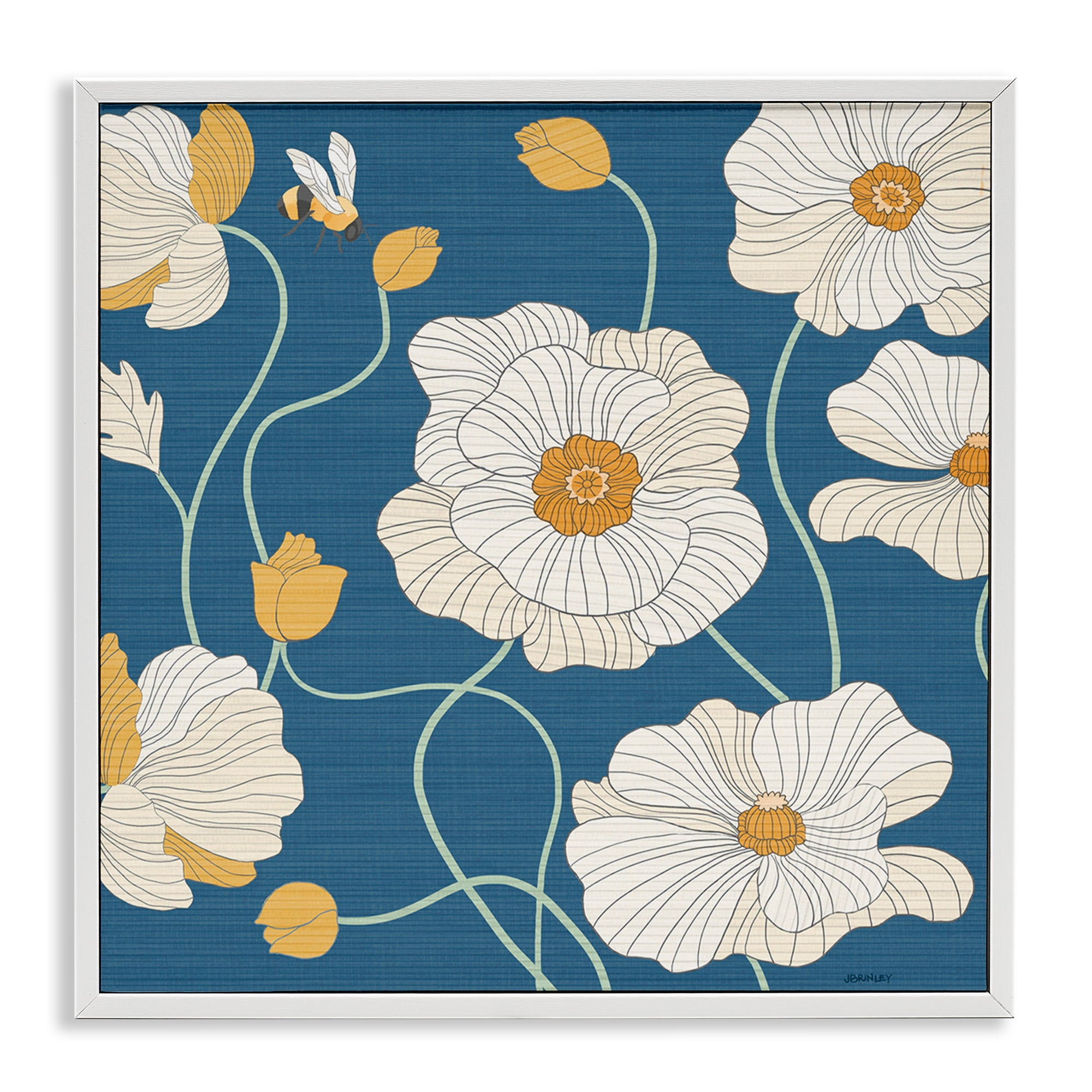 Stupell Industries Bee & White Poppies Plants & Flowers Painting White Framed Art Print Wall Art, 12 x 12