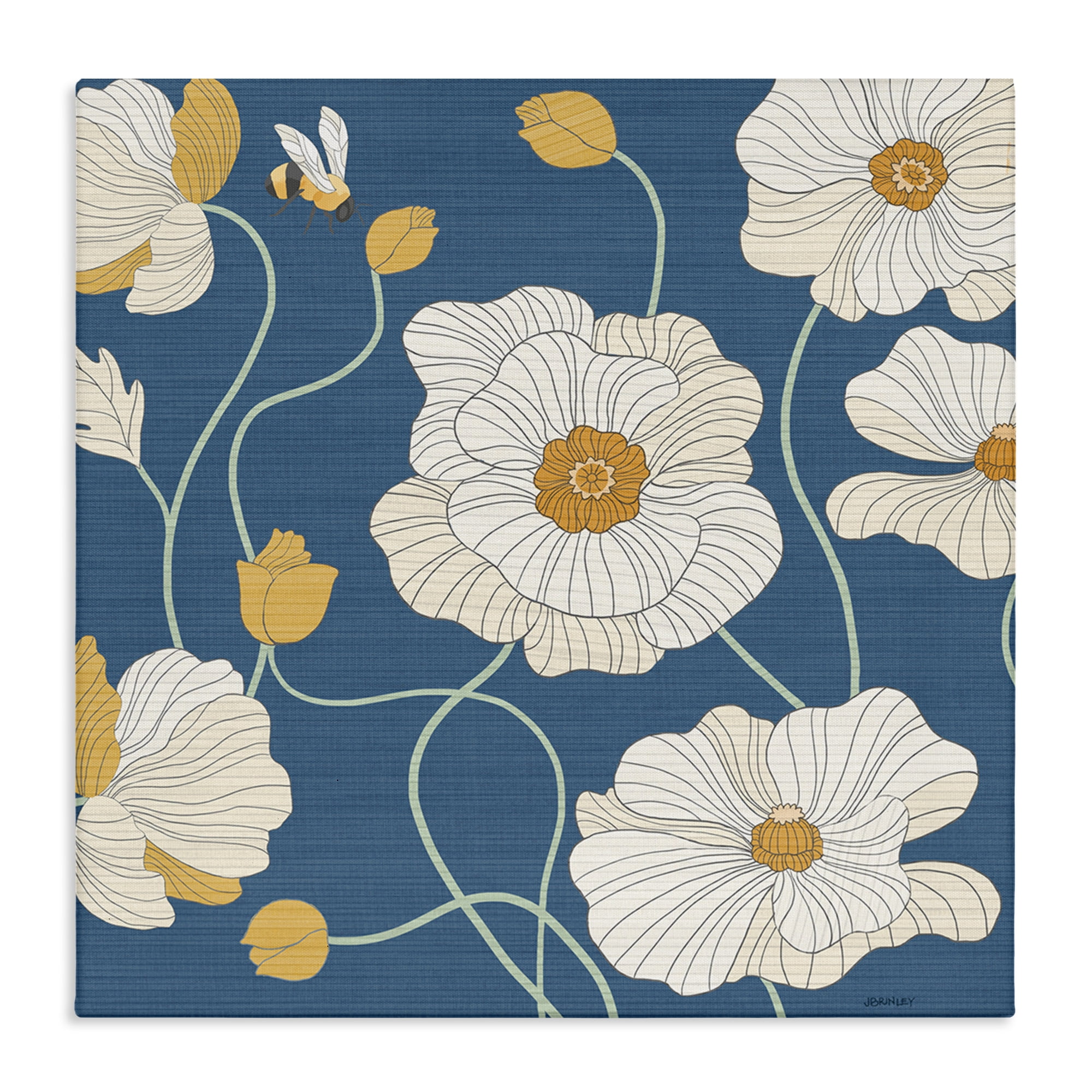 Stupell Industries Bee & White Poppies Plants & Flowers Painting Wrapped Canvas Art Print Wall Art, 24 x 24