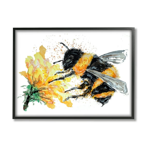 Stupell Industries Bee & Yellow Flower Animals & Insects Painting Black Framed Art Print Wall Art, 30 x 24