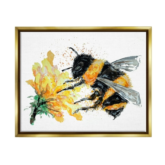 Stupell Industries Bee & Yellow Flower Animals & Insects Painting Gold Floater Framed Art Print Wall Art, 21 x 17