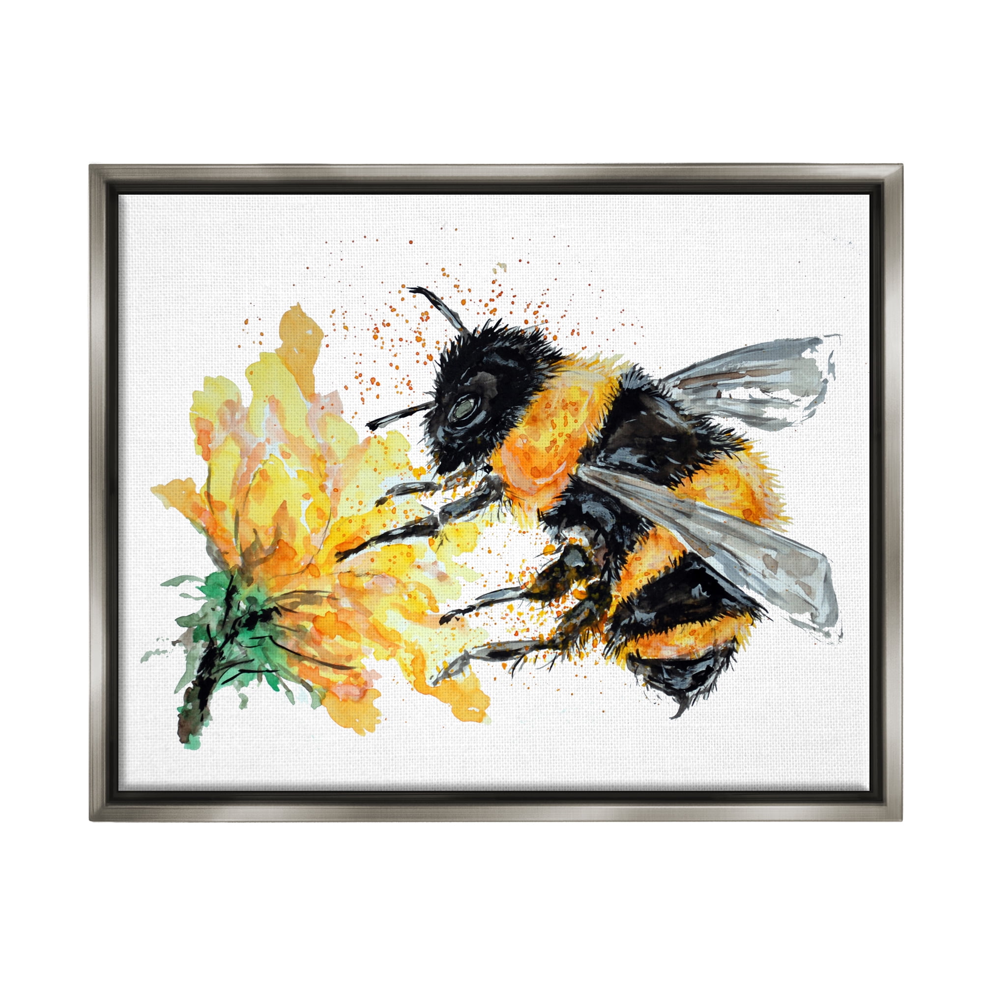 Stupell Industries Bee & Yellow Flower Animals & Insects Painting Gray Floater Framed Art Print Wall Art, 31 x 25