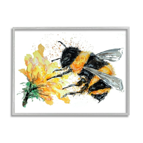 Stupell Industries Bee & Yellow Flower Animals & Insects Painting Gray Framed Art Print Wall Art, 20 x 16