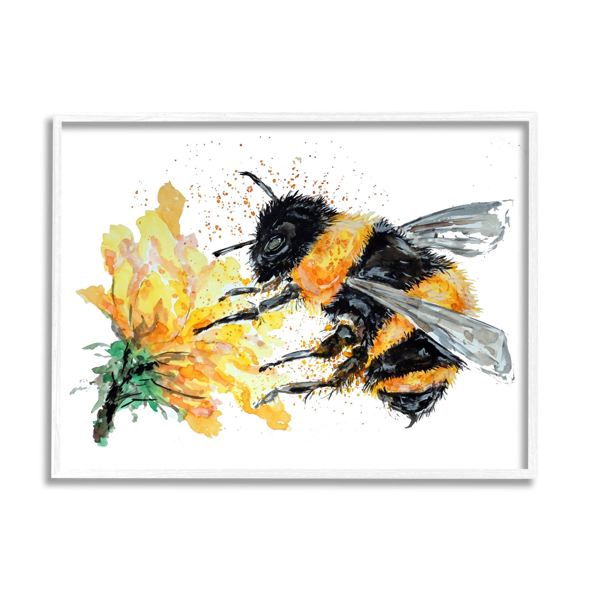 Stupell Industries Bee & Yellow Flower Animals & Insects Painting White Framed Art Print Wall Art, 20 x 16