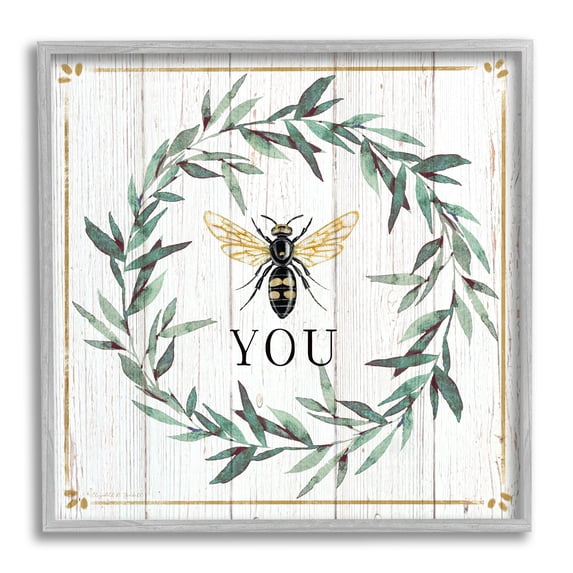Stupell Industries Bee You Quote Farm Floral Insect Pun Animals & Insects Painting Gray Framed Art Print Wall Art, 24 x 24
