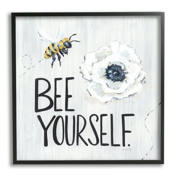 Stupell Industries Bee Yourself Inspirational Phrase Bumble Flower Blossom Graphic Art Black Framed Art Print Wall Art, Design by Sara Baker
