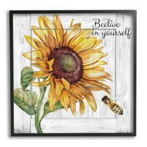 Stupell Industries Beelieve in Yourself Pun Botanical & Floral Painting Black Framed Art Print Wall Art, 12 x 12