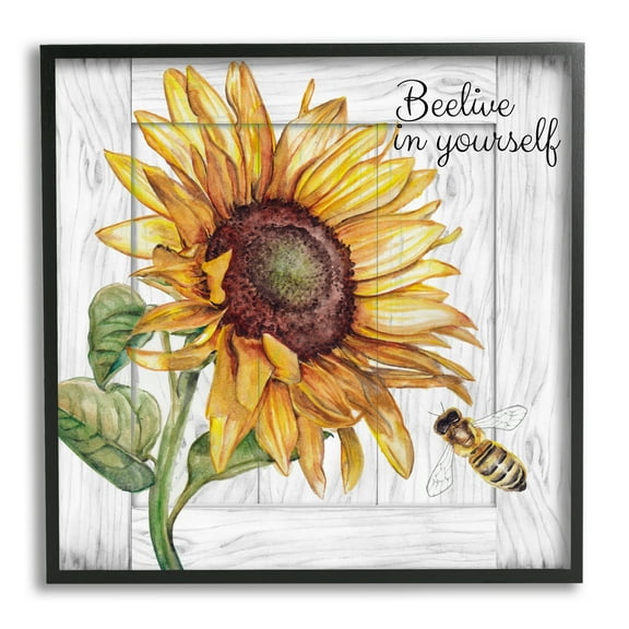 Stupell Industries Beelieve in Yourself Pun Botanical & Floral Painting Black Framed Art Print Wall Art, 12 x 12
