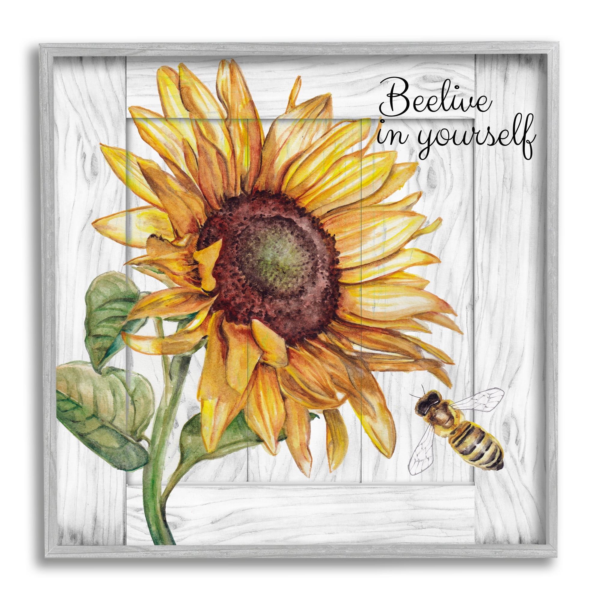 Stupell Industries Beelieve in Yourself Pun Botanical & Floral Painting Gray Framed Art Print Wall Art, 24 x 24