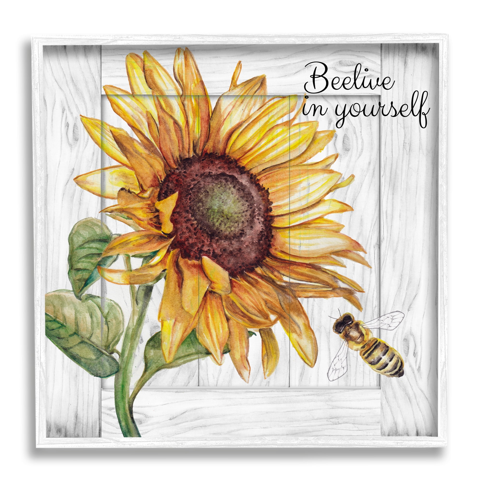Stupell Industries Beelieve in Yourself Pun Botanical & Floral Painting White Framed Art Print Wall Art, 24 x 24