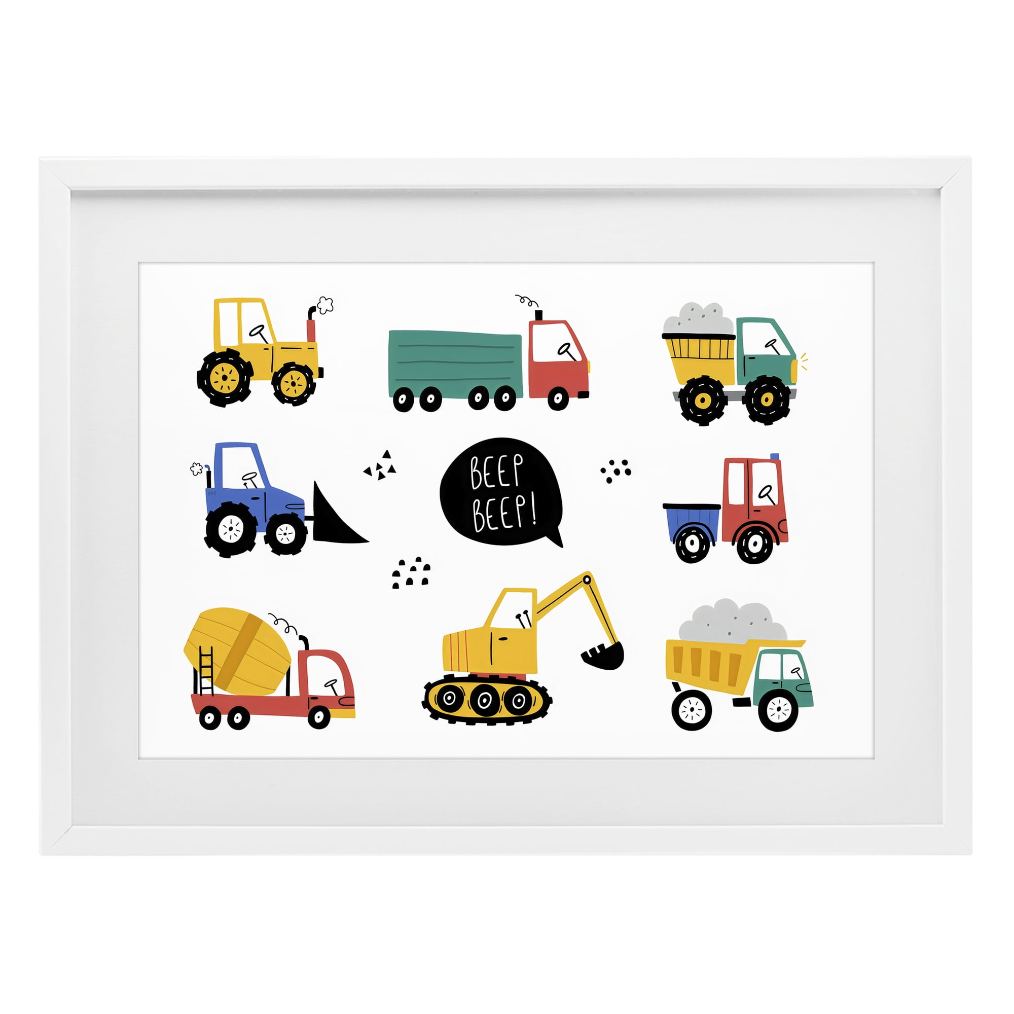 Stupell Industries Beep Construction Vehicles White Framed Print Under Glass, design by Creative Studio