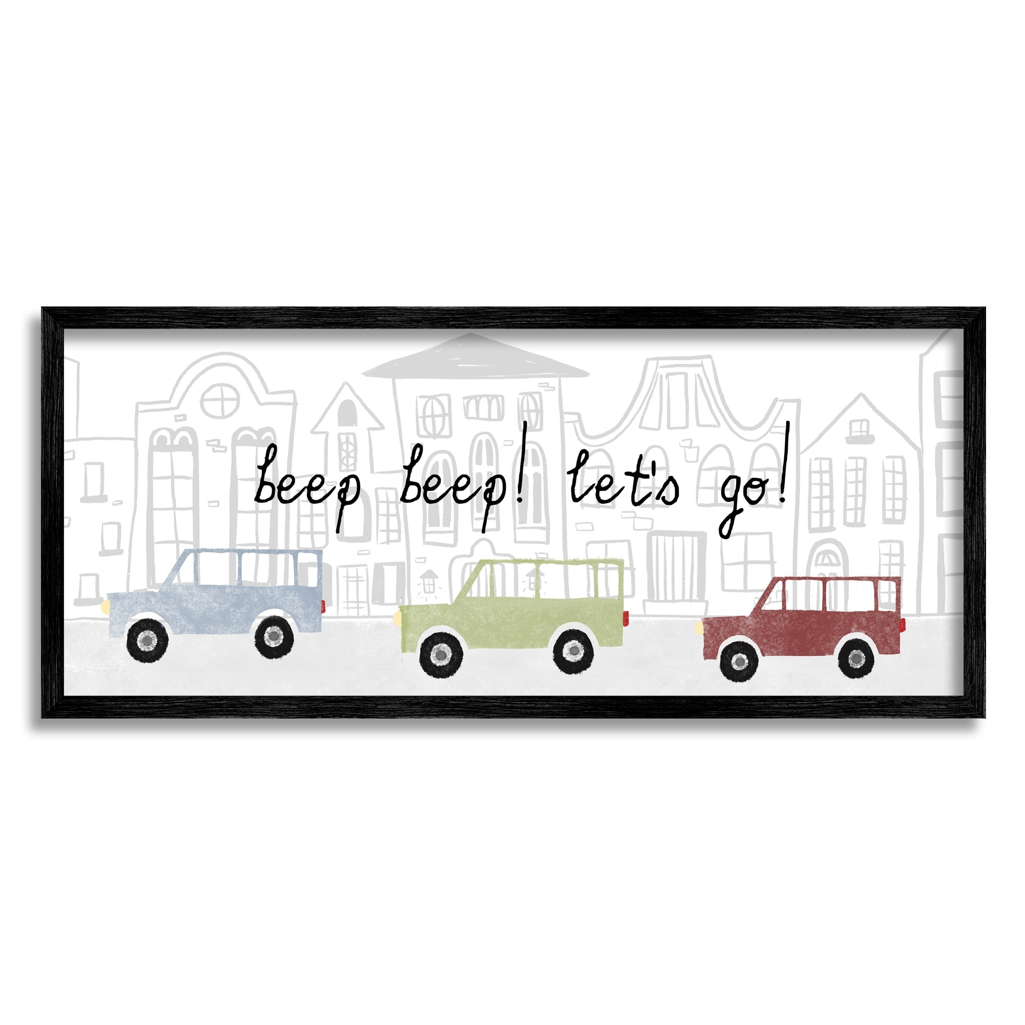 Stupell Industries Beep Let's Go Stylish City Cars Driving Urban Streets Framed Wall Art, 30 x 13, Design by Daphne Polselli