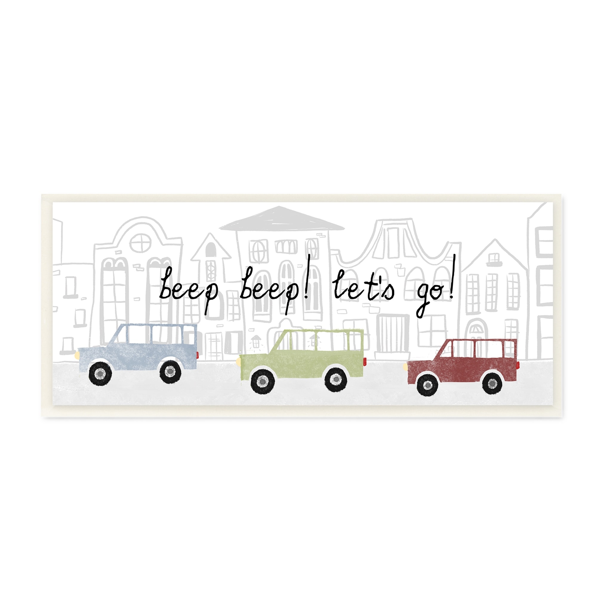 Stupell Beep Let's Go Stylish City Cars Driving Urban Streets Wood Wall Art - White