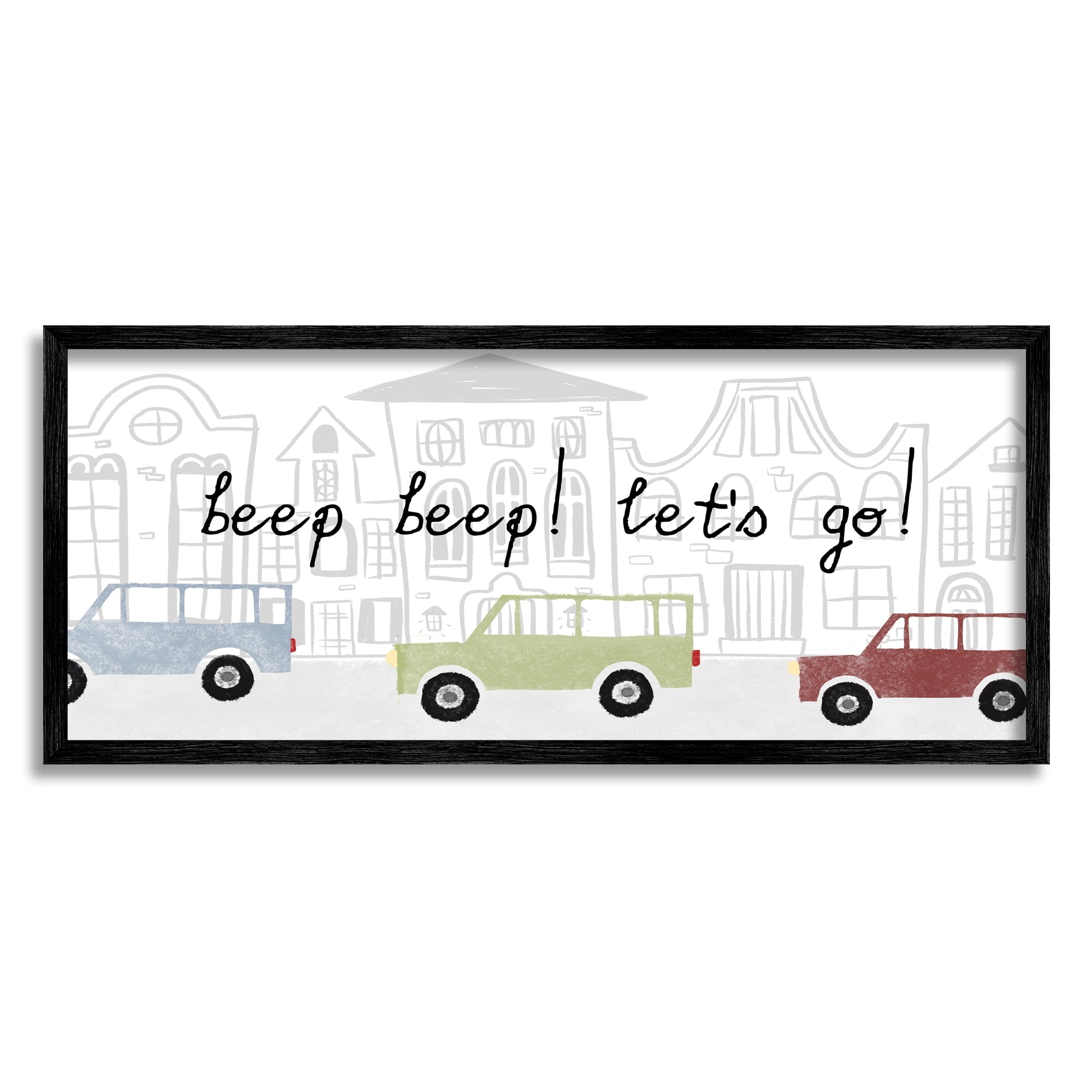 Stupell Industries Beep Let's Go Traffic Town Cityscape Cartoon Cars Graphic Art Black Framed Art Print Wall Art, Design by Daphne Polselli
