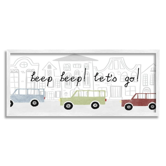 Stupell Industries Beep Let's Go Traffic Town Cityscape Cartoon Cars Graphic Art White Framed Art Print Wall Art, Design by Daphne Polselli