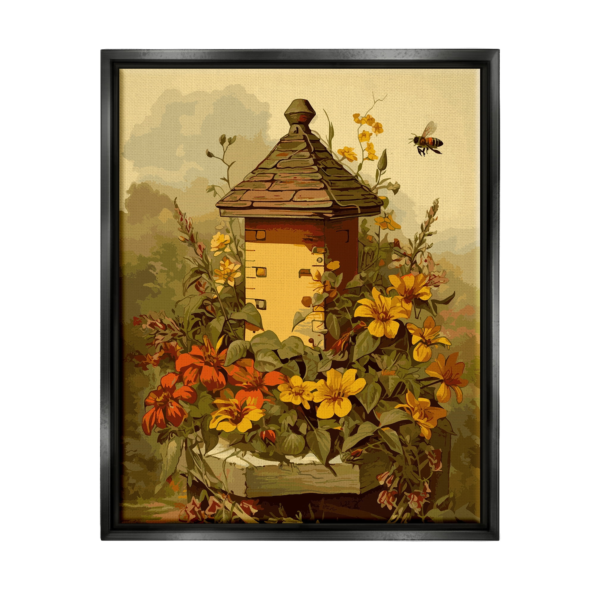 Stupell Industries Bees & Floral Architecture Botanical & Floral Painting Black Floater Framed Canvas Art Print Wall Art, 25 x 31