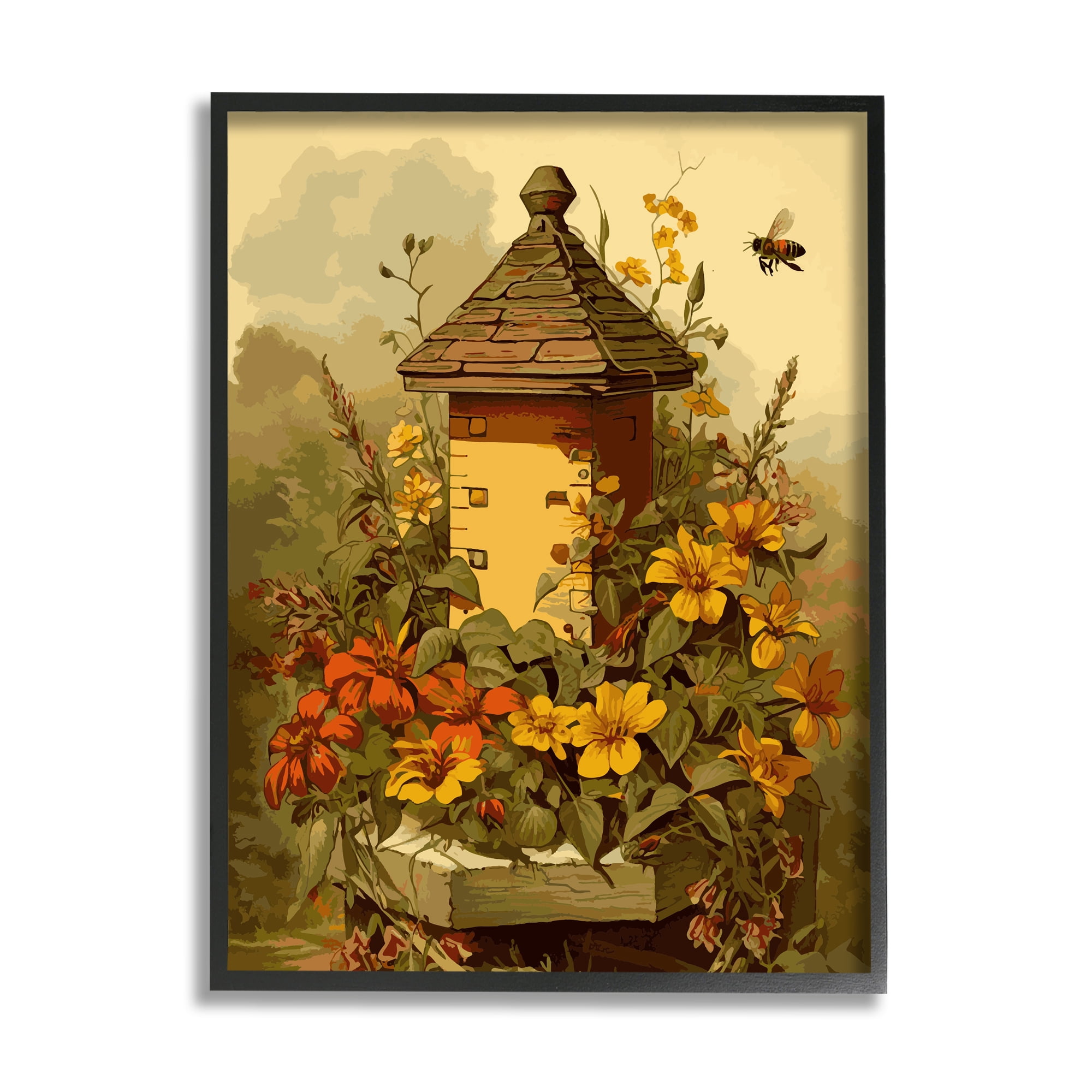 Stupell Industries Bees & Floral Architecture Botanical & Floral Painting Black Framed Art Print Wall Art, 24 x 30