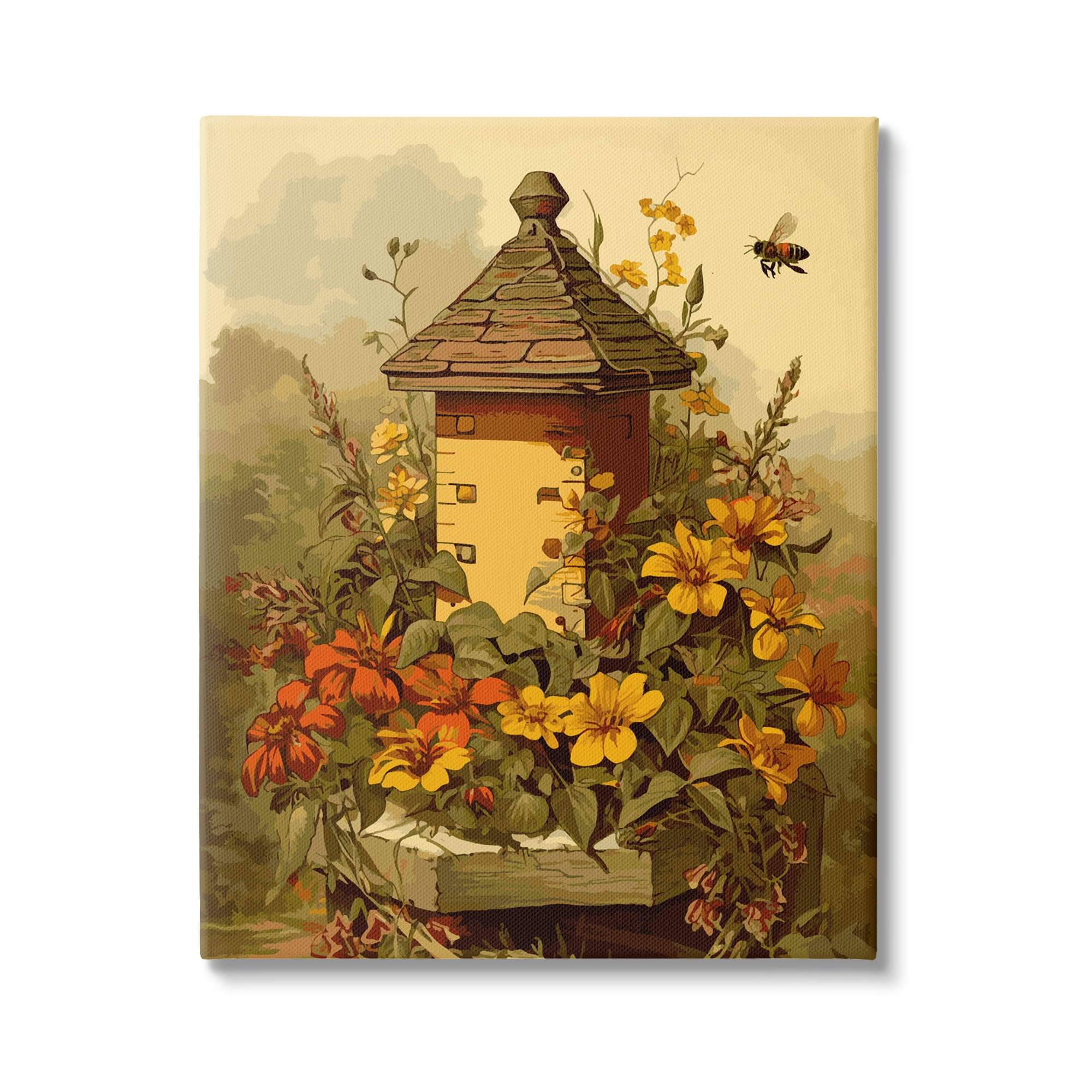 Stupell Industries Bees & Floral Architecture Botanical & Floral Painting Gallery Wrapped Canvas Art Print Wall Art, 36 x 48