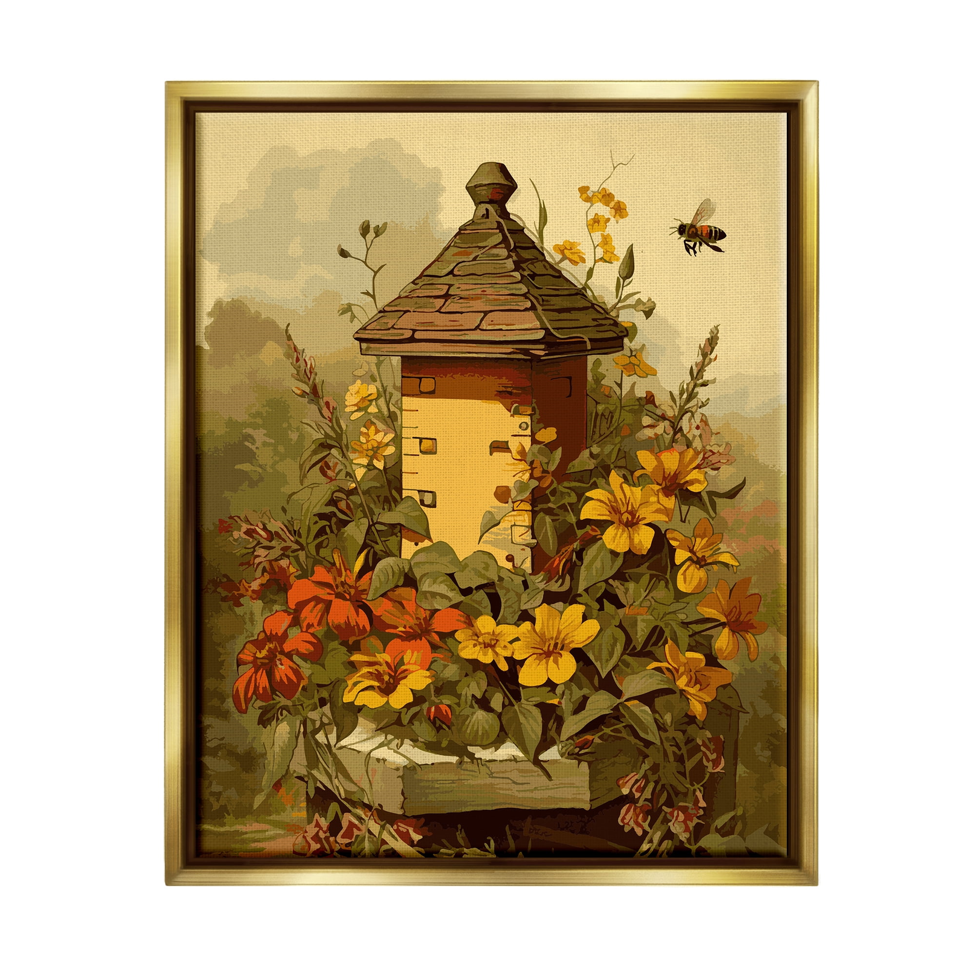 Stupell Industries Bees & Floral Architecture Botanical & Floral Painting Gold Floater Framed Canvas Art Print Wall Art, 17 x 21
