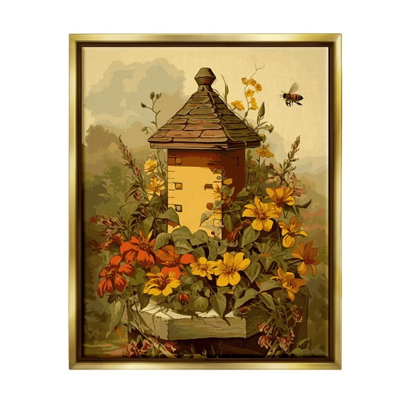 Stupell Industries Bees & Floral Architecture Botanical & Floral Painting Gold Floater Framed Canvas Art Print Wall Art, 17 x 21
