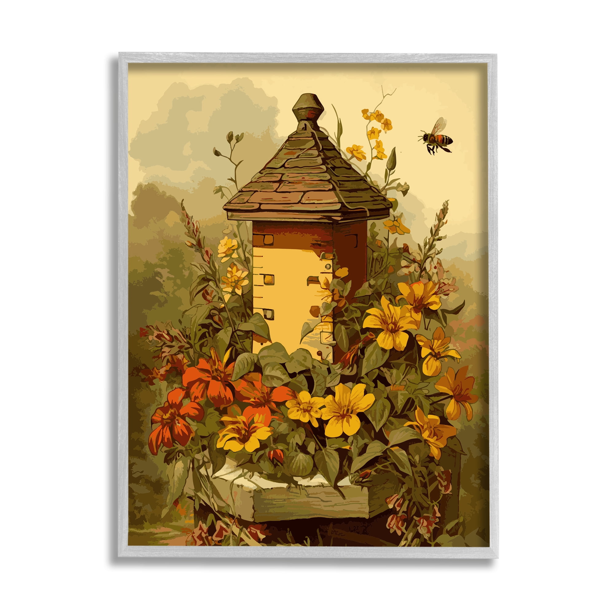Stupell Industries Bees & Floral Architecture Botanical & Floral Painting Gray Framed Art Print Wall Art, 16 x 20